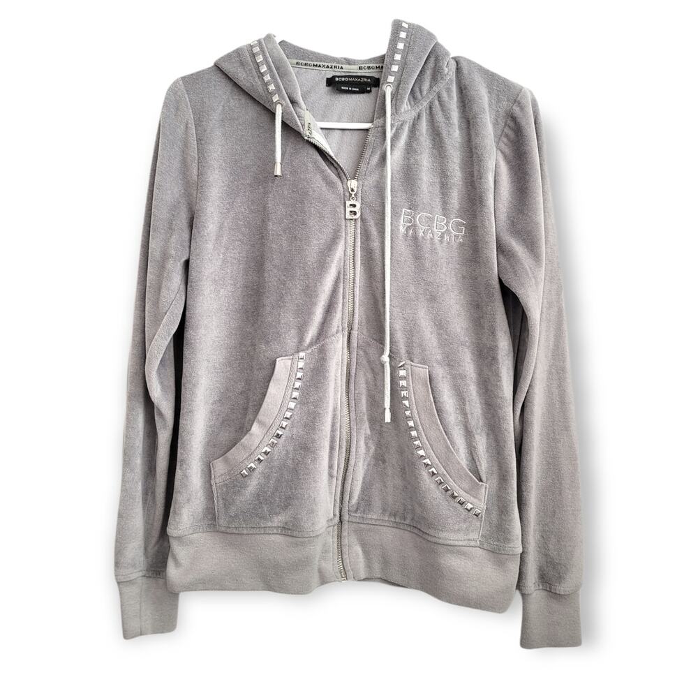 BCBG MaxAzria Velour Gray Zip Up Studded Hoodie Y2K Size MEDIUM